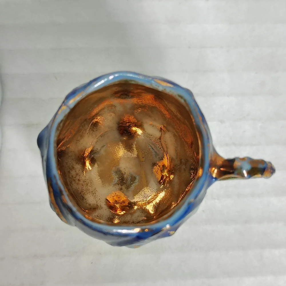 Miniature Ruffle Edge Tea Cup Saucer Blue Seaweed Yellow Gold Gilded Blowfish